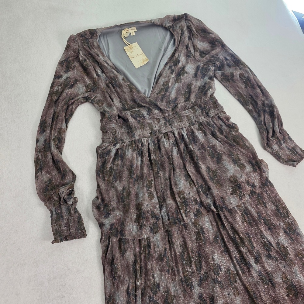 Hem & Thread Women L Maxi Dress Brown Metallic New Tiered‎ Long Sleeve Shimmer